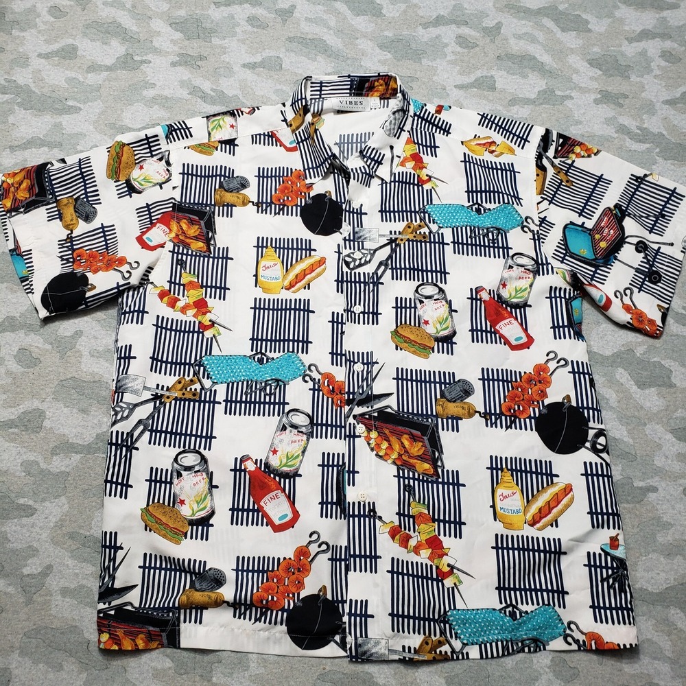 Vibes Shirt Mens Large White Short Sleeve Button-Up BBQ